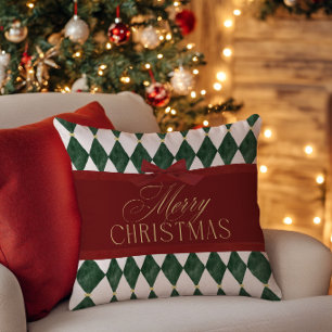Coussin Noël vert ruban rouge élégant vintage