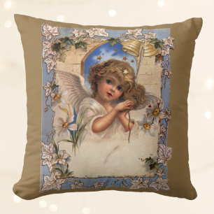 Coussin Noël vintage, ange victorien avec cloches dorées