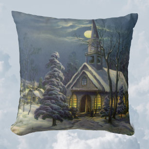 Coussin Noël vintage, église d'hiver dans la neige avec la