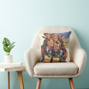 Coussin Noël vintage, famille heureuse faisant de la luge