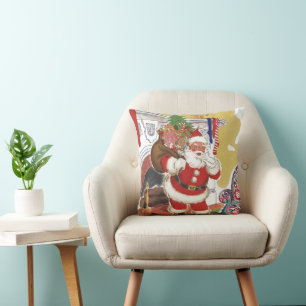 Coussin Noël vintage, joyeux Père Noël avec cadeaux