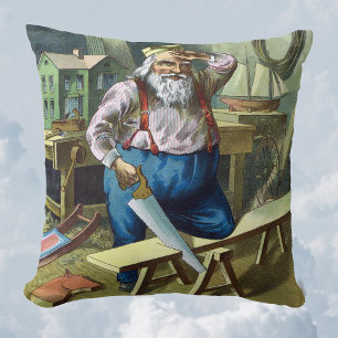 Coussin Noël vintage, le Père Noël construisant des jouets