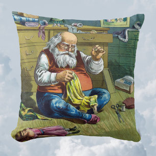 Coussin Noël vintage, le Père Noël fabrique des poupées