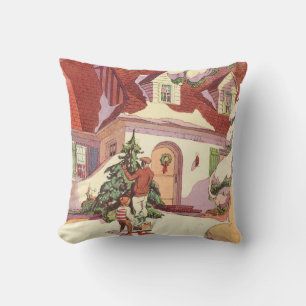 Coussin Noël vintage, maison de famille dans la neige