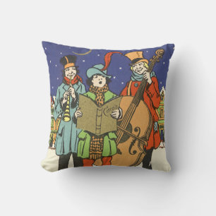Coussin Noël vintage, musiciens chantant des chants avec d
