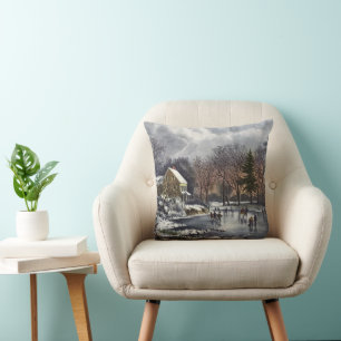 Coussin Noël vintage, Patineurs de début d'hiver sur un ét