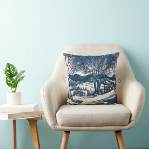 Coussin Noël vintage, paysage de montagne enneigée en hive