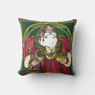 Coussin Noël Vintage, Père Noël avec Feuilles Holly