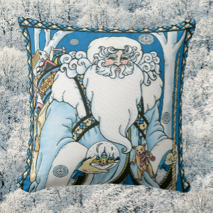 Coussin Noël Vintage, Père Noël Bleu avec Snowglobe