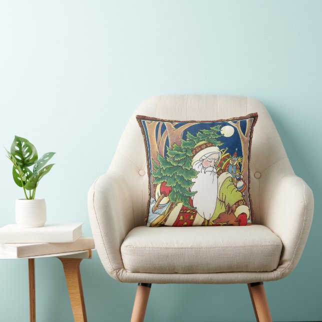 Coussin Noël vintage, Père Noël en Forêt (Chaise)