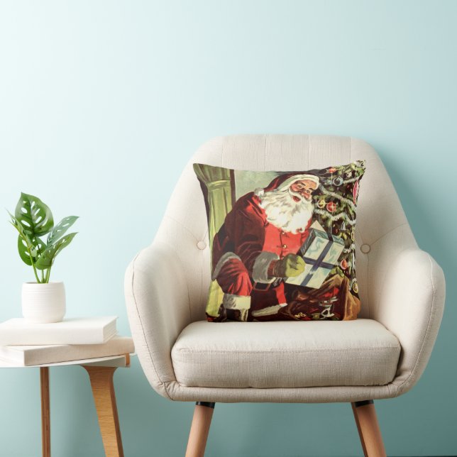 Coussin Noël vintage, Père Noël rétro avec cadeaux (Chaise)
