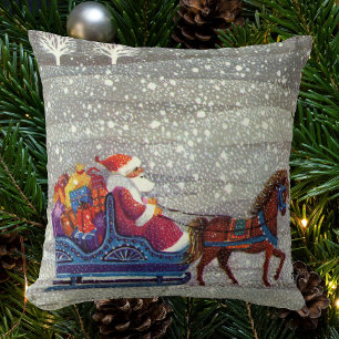 Coussin Noël vintage, Père Noël traîneau ouvert à cheval