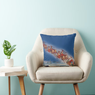 Coussin Noël vintage, Père Noël volant avec son traîneau e