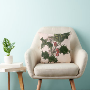 Coussin Noël vintage, plante de houx vert avec des baies