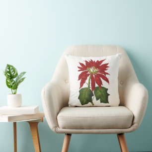 Coussin Noël vintage, poinsettia rouge plante d'hiver