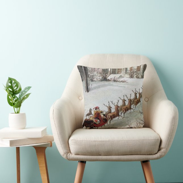 Coussin Noël vintage, Saint Nicolas avec renne (Chaise)