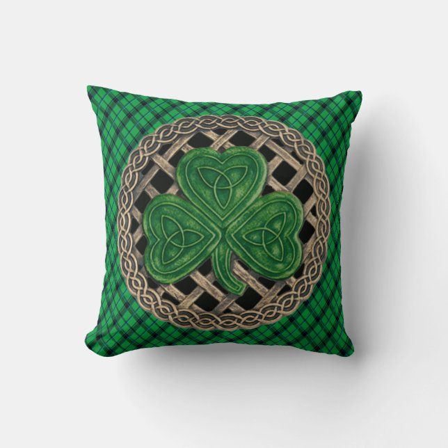Coussin Noeud Celtique Shamrock Noir Sur Plaid Vert (Recto)