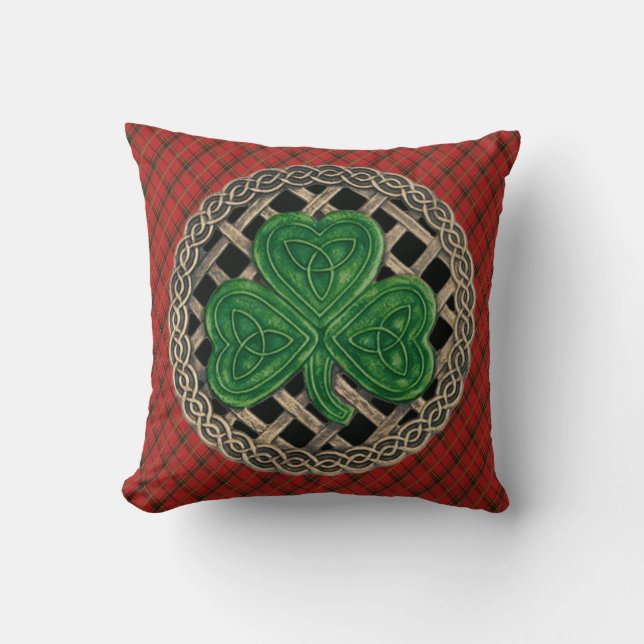 Coussin Noeud Celtique Shamrock Noir Sur Plaqué Rouge (Recto)