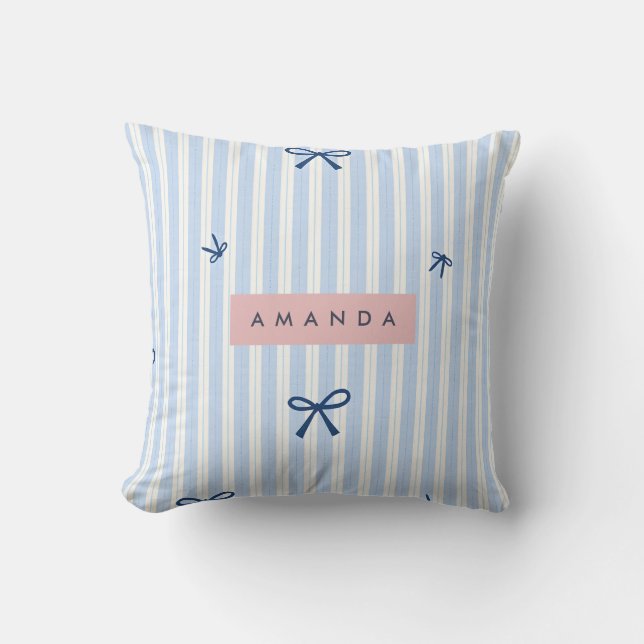 Coussin Nœud rayé pastel bleu classique personnalisé (Recto)