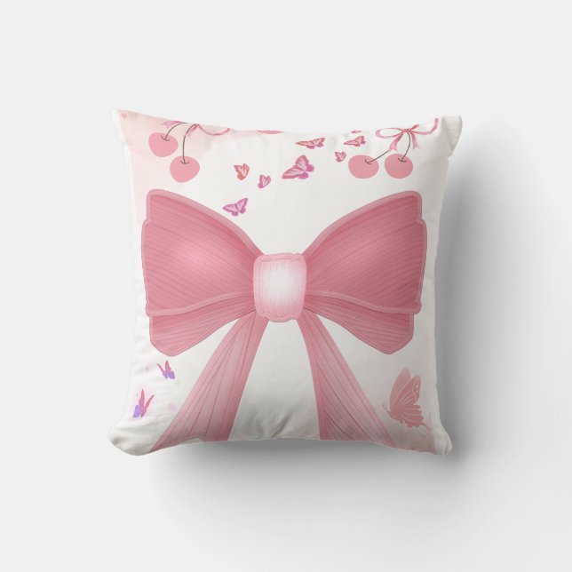 Coussin Nœud rose coquette et collage esthétique Cerises – (Recto)