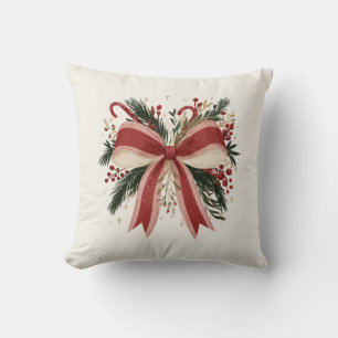 Coussin Nœud rouge rétro avec cannes à bonbon et verdure