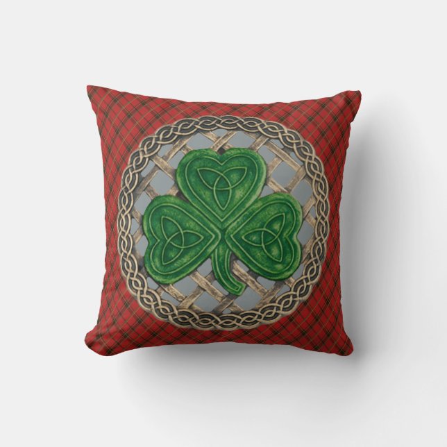 Coussin Nœuds celtiques Gray Shamrock sur carreaux rouges (Recto)