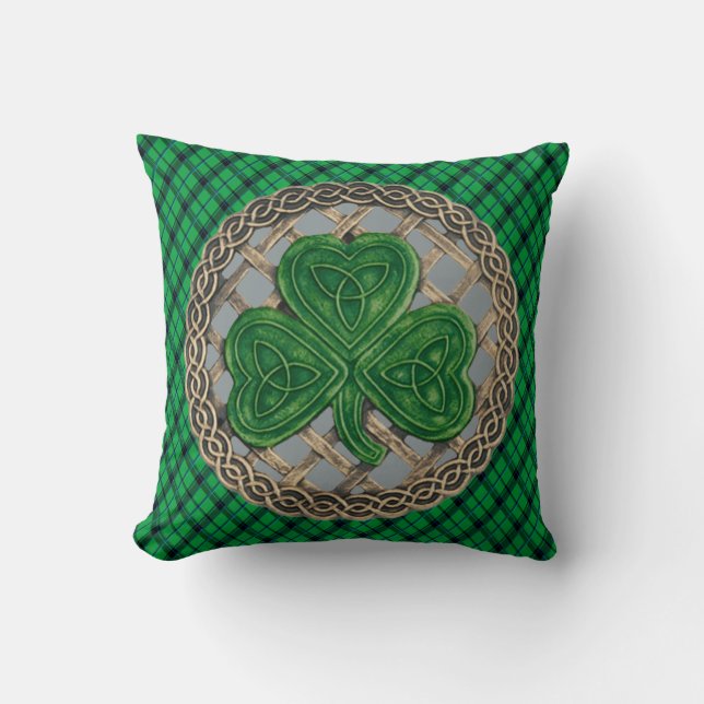 Coussin Noeuds Celtiques Shamrocks Gris Sur Plaid Vert (Recto)