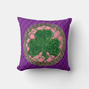Coussin Noeuds Celtiques Shamrocks Rose Sur Plaid Violet