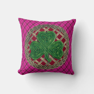 Coussin Noeuds Celtiques Shamrocks Rouges Sur Plaid Rose