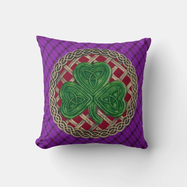 Coussin Noeuds Celtiques Shamrocks Rouges Sur Plaid Violet (Recto)