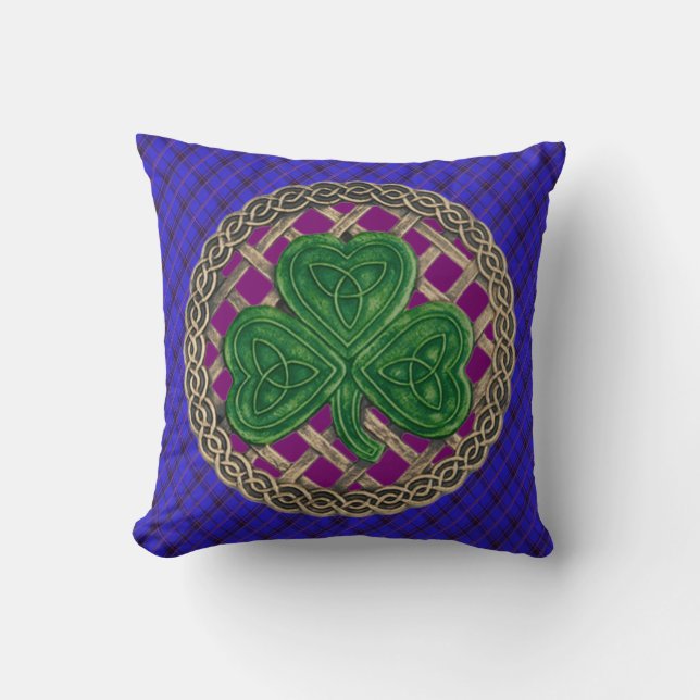 Coussin Noeuds Celtiques Shamrocks Violets Sur Plaid Bleu (Recto)