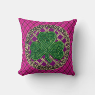 Coussin Noeuds Celtiques Shamrocks Violets Sur Plaid Rose