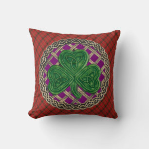 Coussin Noeuds Celtiques Shamrocks Violets Sur Plaid Rouge