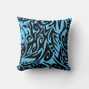Coussin Noir Abstrait Design Tribal bleu uni sur le dos