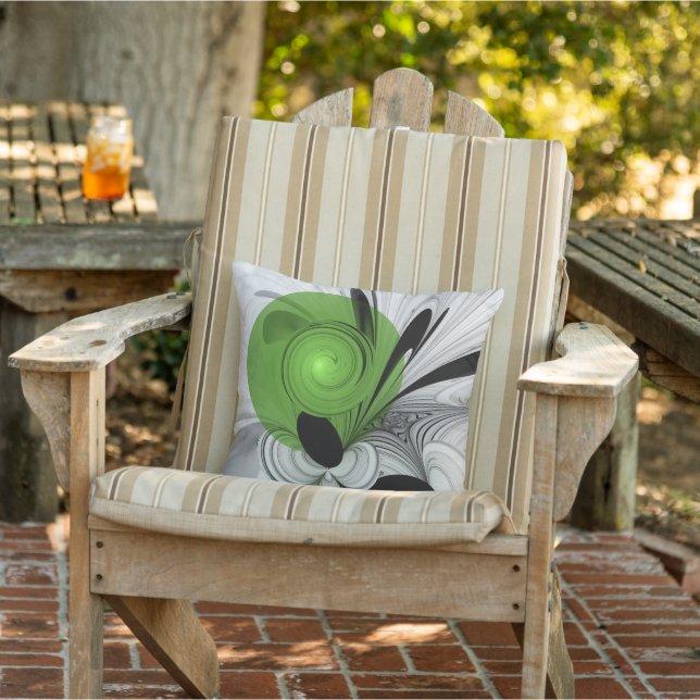 Coussin Noir Abstrait et blanc avec art fractal vert (Chaise)