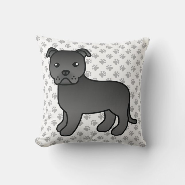 Coussin Noir Anglais Staffie Cute Cartoon Chien & Pâtes (Recto)