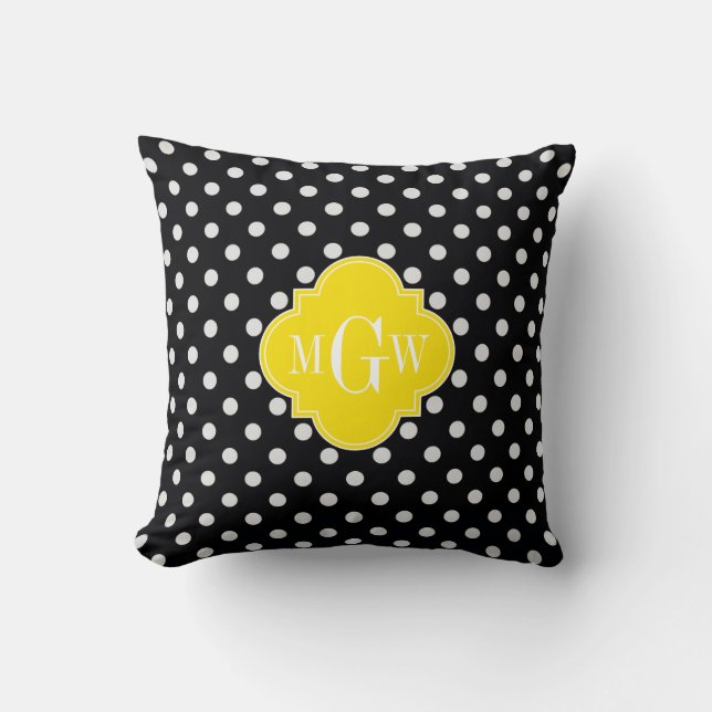 Coussin Noir Blanc À pois Jaune Quatrefeuille 3 Monogramme (Recto)