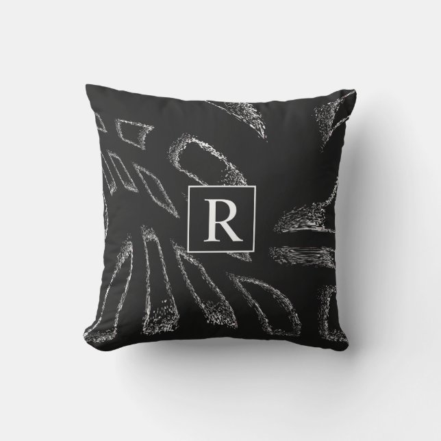Coussin Noir Blanc Abstrait Motifs Monogrammes Initiales (Recto)