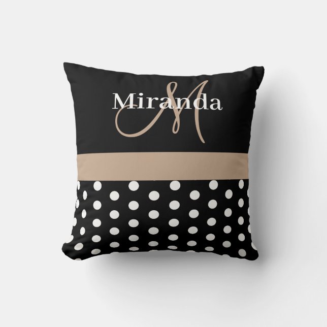 Coussin Noir Blanc Beige Monogramme Écriture Points Polka (Recto)
