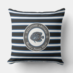 Coussin Noir Blanc Bleu Nautique Nom du bateau Poisson Bie