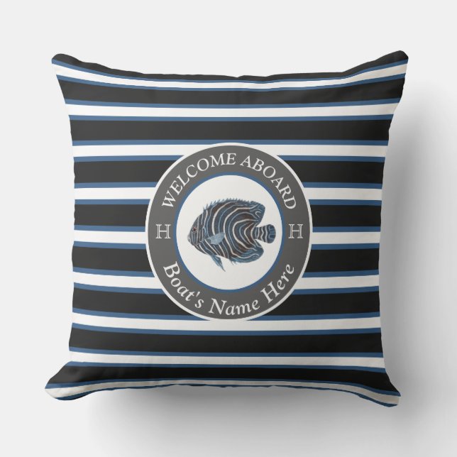 Coussin Noir Blanc Bleu Nautique Nom du bateau Poisson Bie (Recto)