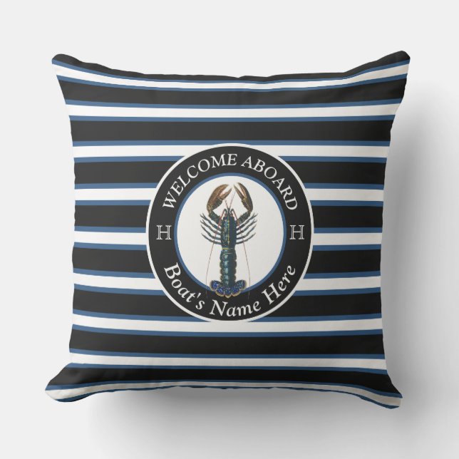 Coussin Noir Blanc Bleu Stripe Nom du bateau Homard Bienve (Recto)