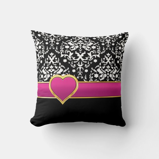 Coussin Noir blanc damas avec bande rose chaud et coeur (Recto)