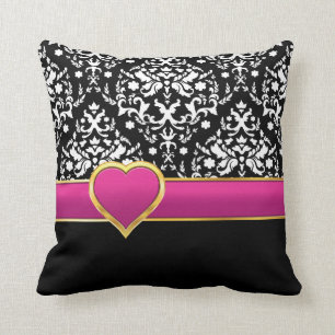 Coussin Noir blanc damas avec bande rose chaud et coeur