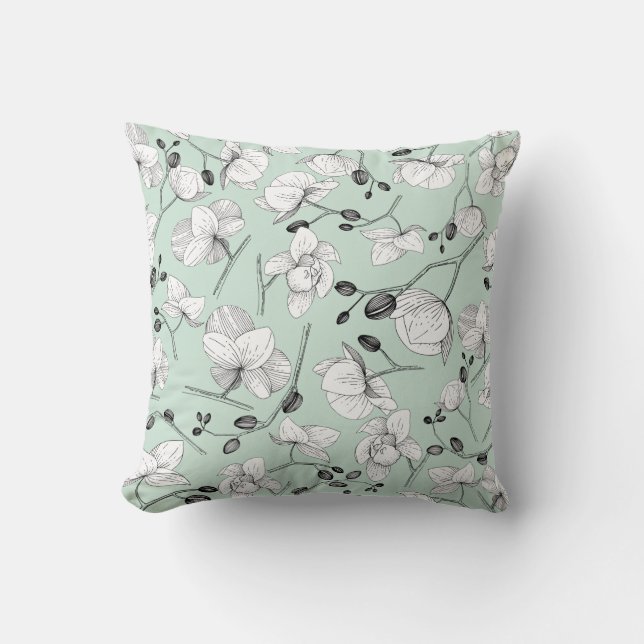 Coussin Noir & blanc élégant orchidée floral menthe modern (Recto)