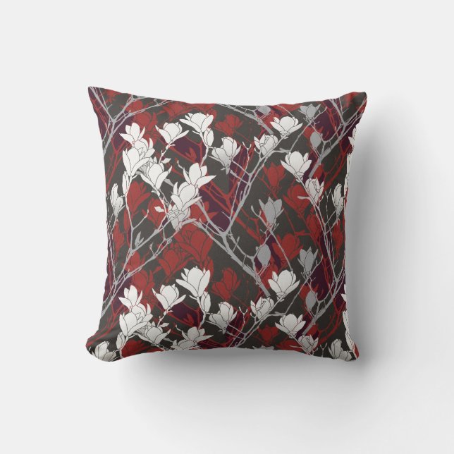Coussin Noir Blanc Gris & Rouge Floral Design (Recto)