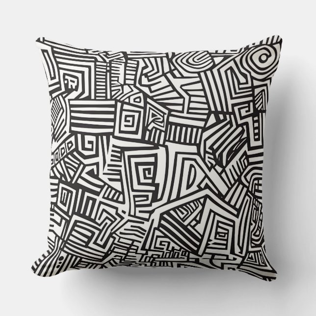 Coussin Noir Blanc Motif Géométrique Abstrait Ligne (Recto)