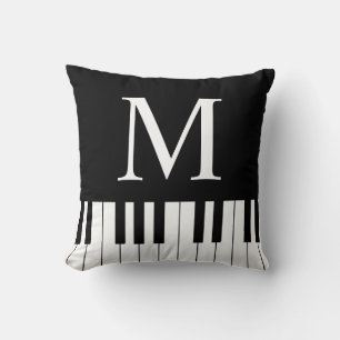 Coussin Noir Blanc Musique Thème Piano Clavier Monogramme