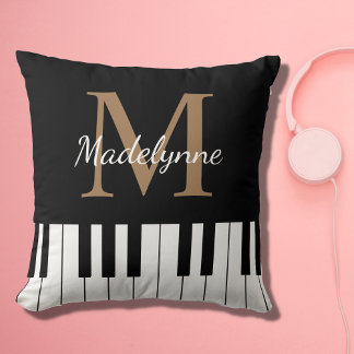 Coussin Noir Blanc Musique Thème Piano Clavier Monogramme