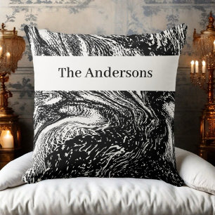 Coussin Noir blanc nom monogramme marbre abstraite ligne a
